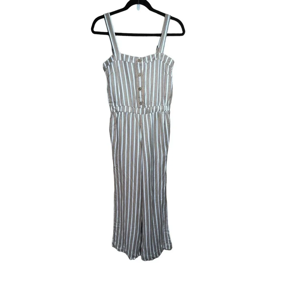 Chaser Wide Leg Tie Waist Jumpsuit Tan, White‎ Stripe Extra Small NWT Miss Belt